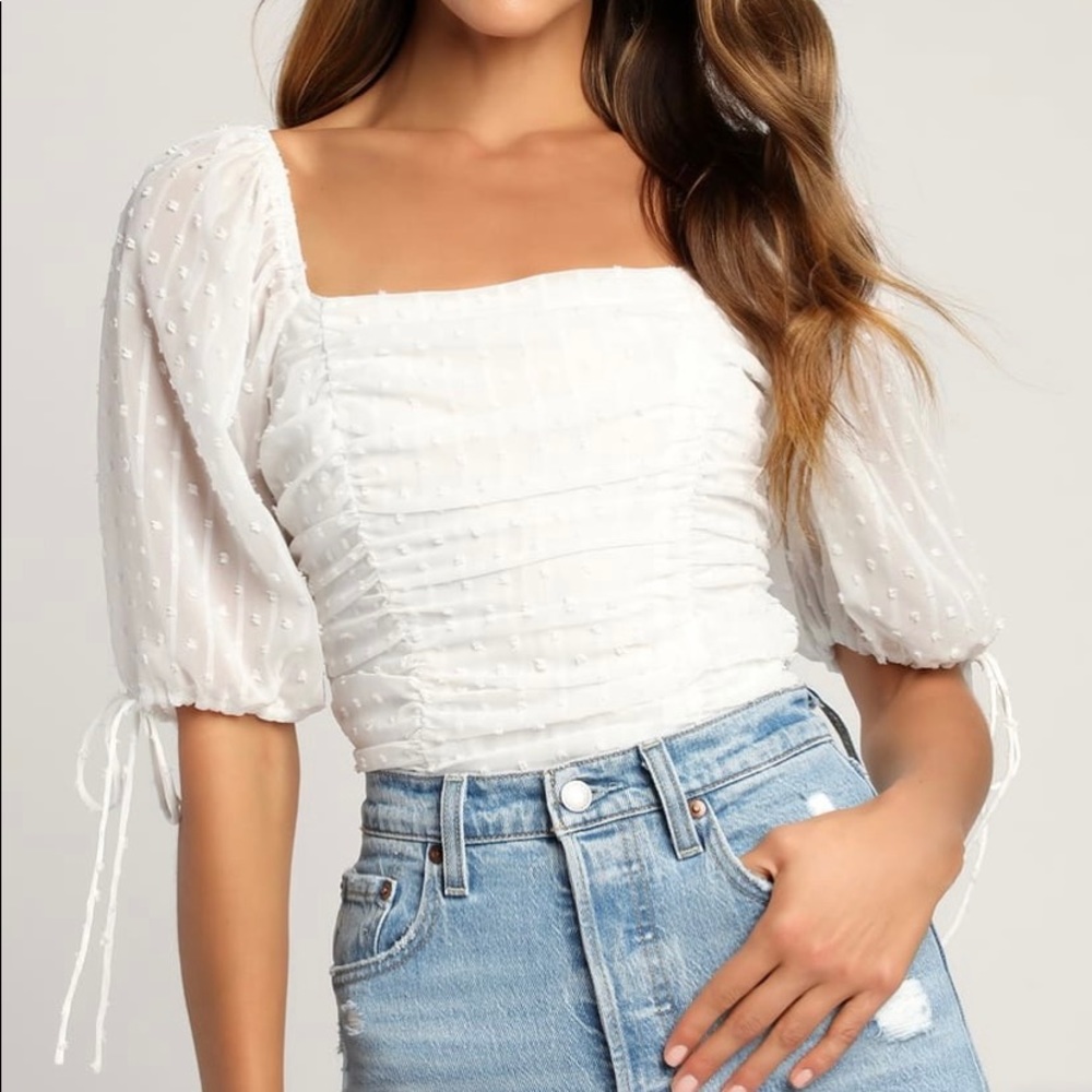 Think of me ivory Swiss dot ruched bodysuit- lulus large